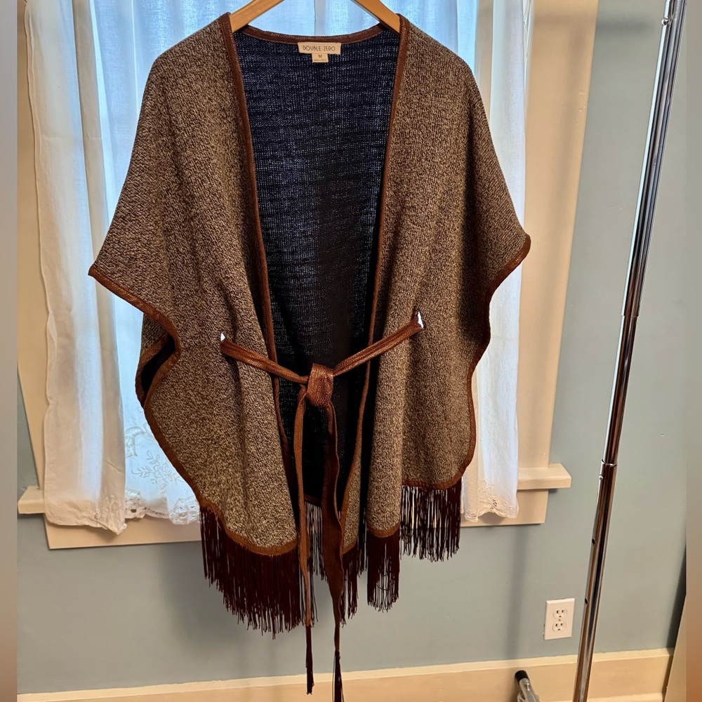 Double Zero Brown Fringe Poncho Sweater Wrap